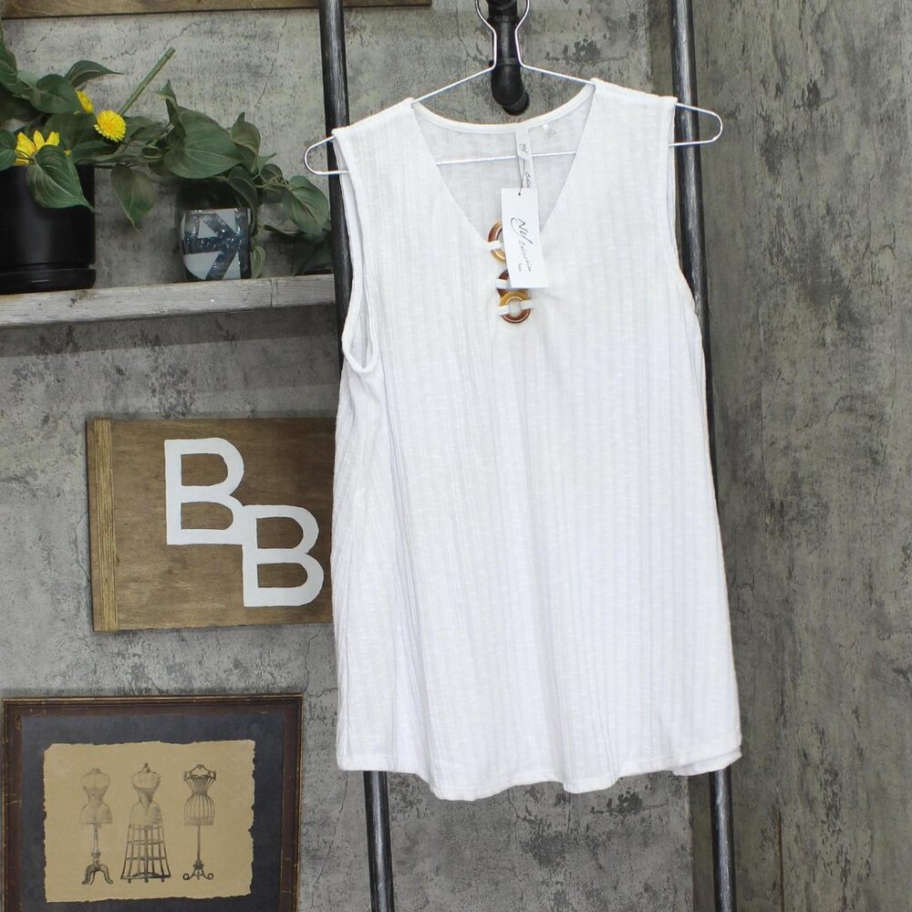 NWT Ny Collection Petite Size Sleeveless Ribbed Top with Triple Rings White PXL - Picture 2 of 5